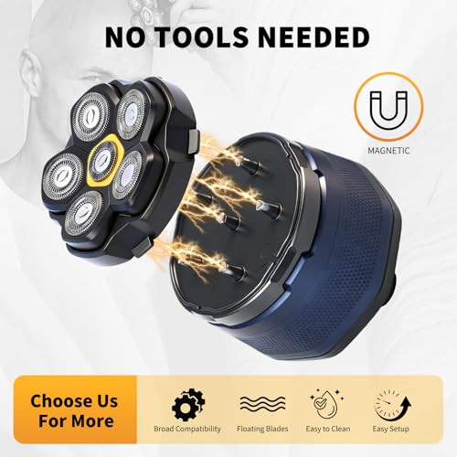 6 Blade Magnetic Replacement Shaving Heads for 6D Bald Head Shavers, Compatible with Most Magnetic Electric Razors for Men (3 Packs)