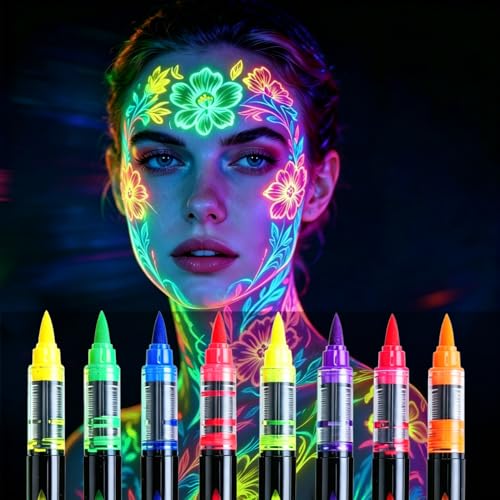 UV Glow Face Paint Markers - 8 Pens, Washable & Safe
