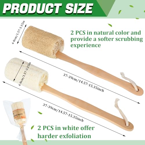 Bokon 4 Pack Natural Exfoliating Loofah Bath Back Brush Loofah Back Scrubber Long Handle for Shower Exfoliating Body Scrubber Luffa Sponge on a Stick for Men and Women, Cleans Hard to Reach Areas