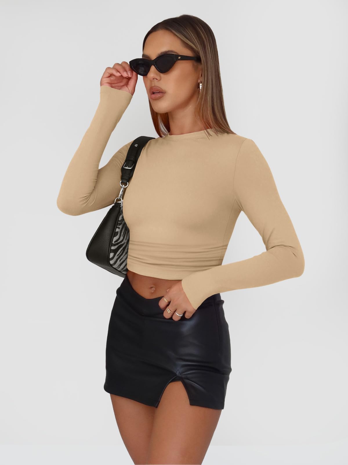 Trendy Queen Womens Long Sleeve Shirts Basic Spring Crop Tops Tees Tight Slim Fit Cute Going Out Outfits Teen Girls Fall Winter Y2k Clothes 2024 Khaki XS