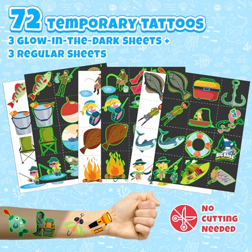 96 PCS Fishing Party Favors Set ? 72 Pre-Cut Temporary Tattoos & 24 Slap Bracelets for Kids, Perfect for Outdoor Birthday Parties, Camping Adventures & Classroom Rewards