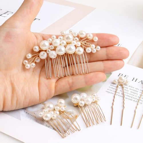 Pearl Bridal Hair Combs & Pins Set of 5 (Gold)