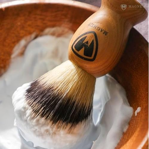 MAGNET Magnetic Shaving Brush for Face and Beard, Wood Handle with a Metal Plate for hanging dry upside down, a Brush Stand Free