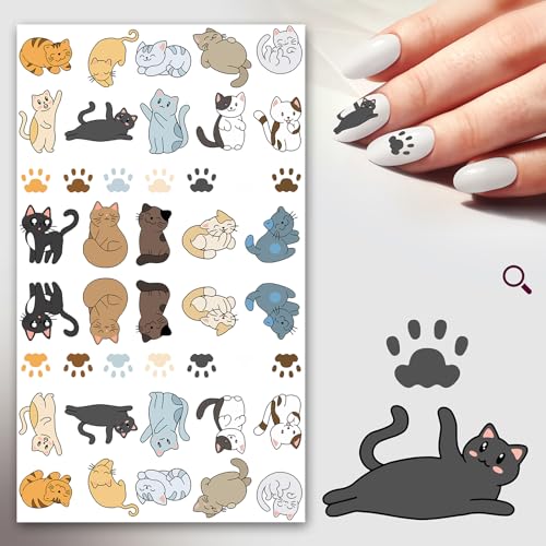 Nail Stickers Decals (5 Sheets) FLONZNAIL Sleepy Happy Adorable Chibi Cats Nail Decor Transfer Vintage Styled Stickers