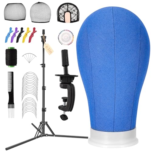 Yofuly 22'' Canvas Wig Head Set, Upgraded 63 Inch Tall Wig Stand Tripod with Mannequin Head, Canvas Block Head Wig Stand Set with Wig Caps, Table Clamp, Perfect for DIY Wig Making and Styling - Blue