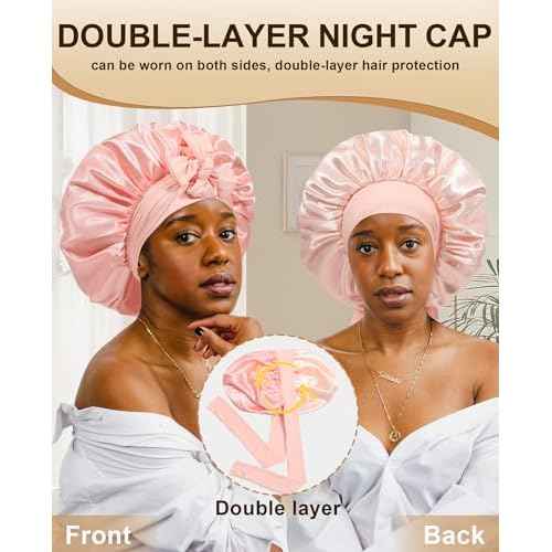 Extra Large Satin Bonnet for Sleeping Jumbo Silk Bonnet Double Layer Hair Bonnet for Women with Elastic Tie Band Sleep Bonnet Hair Wrap for Braids Curly Hair(Apricot Powder+Champagne)