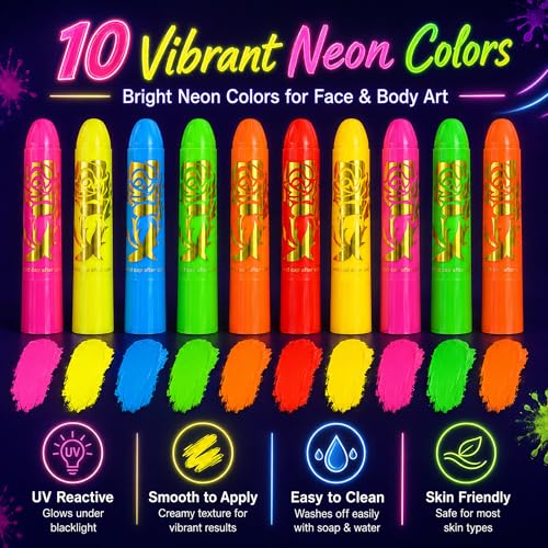 UV Neon Face Paint Sticks - 10 Glow Colors Rave Makeup