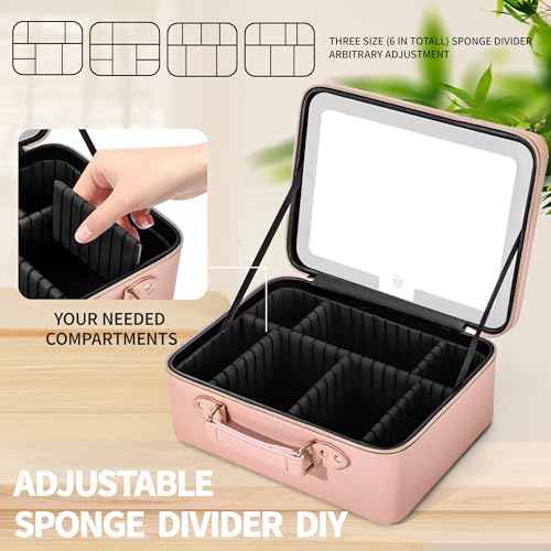 Makeup Bag with LED Mirror & Magnifier, Large Cosmetic Organizer Travel Makeup Case with Adjustable Brightness & 6 Detachable Dividers, Portable Makeup Storage for Women Girls (Pink)