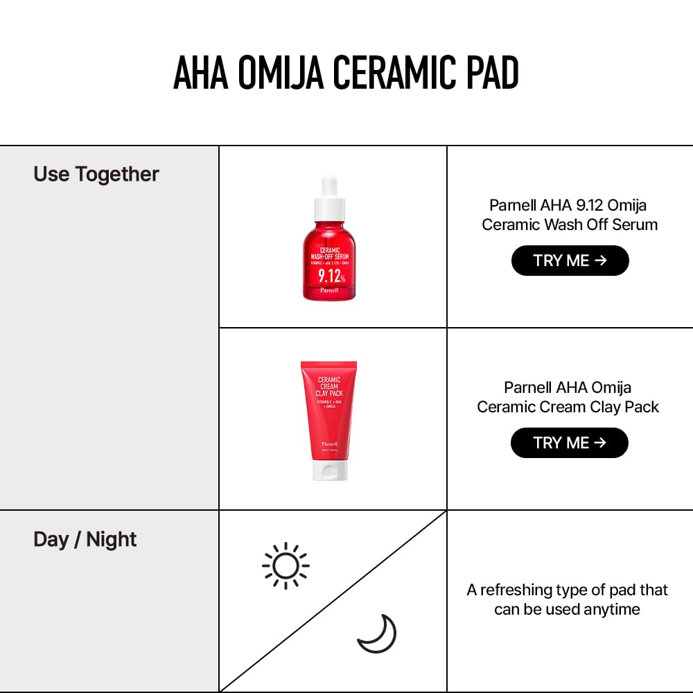 Parnell AHA 9.12% Omija Ceramic Peeling Pads (60 Count) | Gentle Daily Exfoliating Toner Pad with LHA PHA Vitamin C | Smooth Clear Look Korean Skin Care