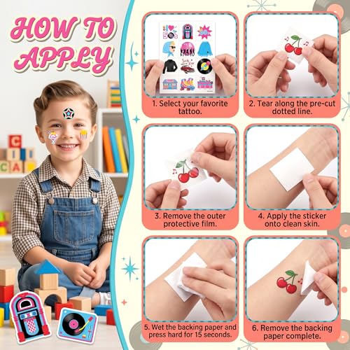 96 PCS 1950s Temporary Tattoos for Kids | Retro Diner Theme