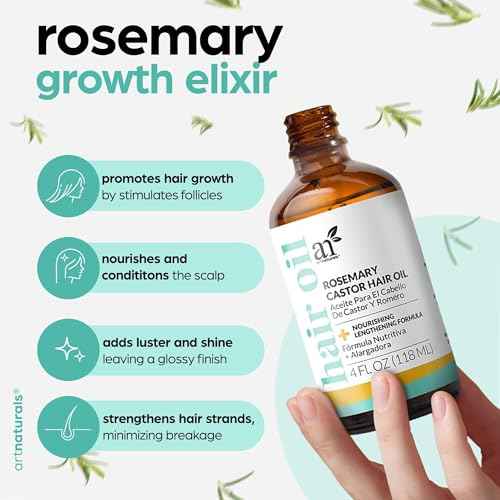 ArtNaturals Organic Rosemary & Castor Hair Growth Oil + Scalp Massager Set ? Hair Relaxer for Dry, Itchy Scalp, Thickening & Hydration - Scalp Oil Products For Damaged Hair & Split Ends ? 4.0 oz