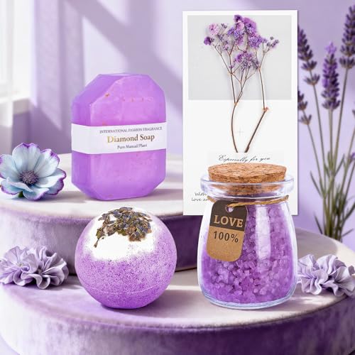 Luxury Purple Self Care Gift Box Set for Women with Bath Bombs, Scented Candles, Tumbler, Sleep Mask, Best Wishes Card, Birthday Spa Gift Package