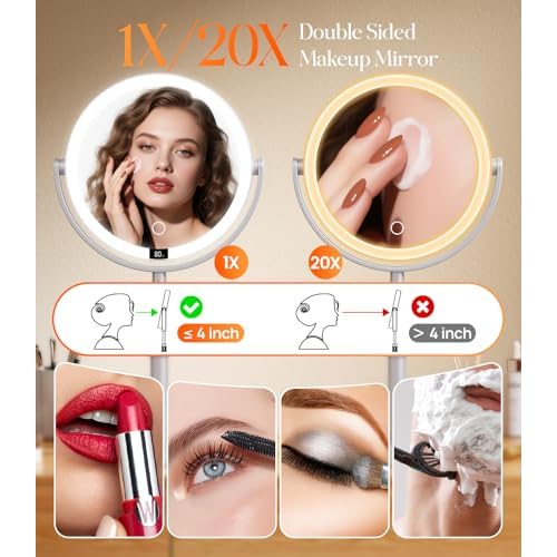 Gospire 8¡± Lighted Makeup Mirror with Lights and Magnification, 20X Magnifying Mirror with Light for Makeup Desk, Height Adjustable and Digital Display, Shaving Mirror for Bathroom, Gifts for Women