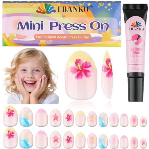 EBANKU 24pcs Press On Nails for Kids, Colorful Fake Nail Kit