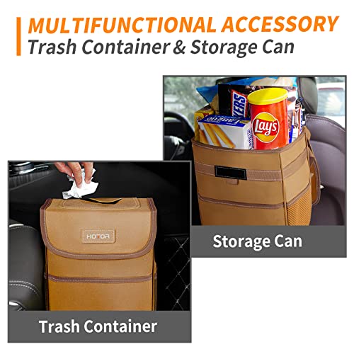 HOTOR Car Trash Can with Lid, Brown, 2 Gallon Capacity, Waterproof and Leak-Proof Design, Magnetic Snaps for Easy Replacement of Trash Bags