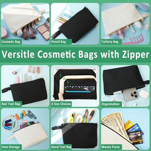 12PCS Canvas Makeup Bags Bulk, 12x8'' Large 12Oz Thick Cotton Canvas Zipper Pouches for Cosmetic Toiletries Oragization, Plain Beige Makeup Bag to Personalize (Beige, L, 12.2x7.4x 2.7'')