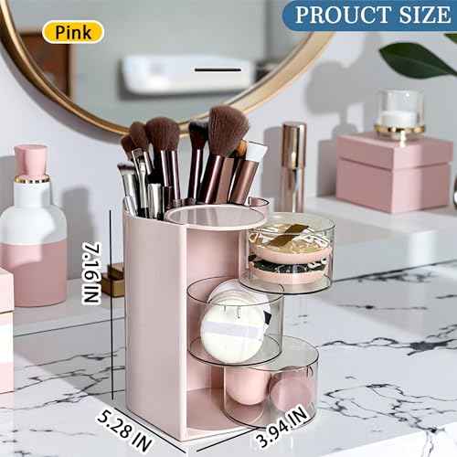 Hair Accessories Organizer with Hair Brush Holder, Rotatable Makeup Brush Holder for Necklaces, Earring, Bracelet, Ring, Makeup Brushes, Hair Clip and Hair Accessories (Pink, 3-Layer)
