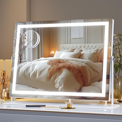 Hasipu Vanity Mirror with Lights, 15.7" x 11.8" LED Makeup Mirror, 3 Color Modes Touch Control and Brightness Adjustment Lighting Mirror, 10X Magnifying Glass, 360¡Æ Rotation