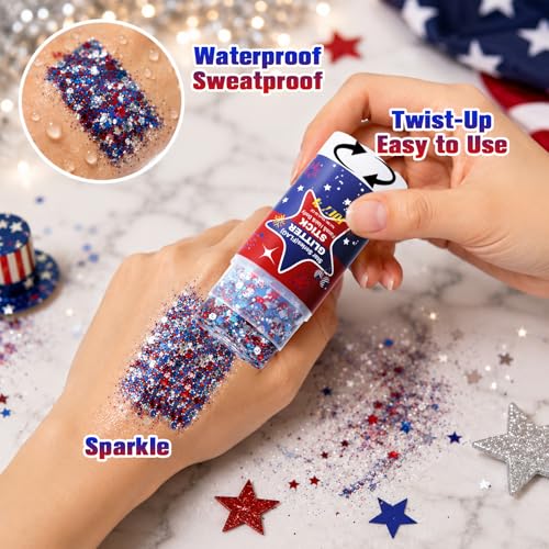 Patriotic Red White Blue Glitter Stick | Waterproof Face Body Makeup