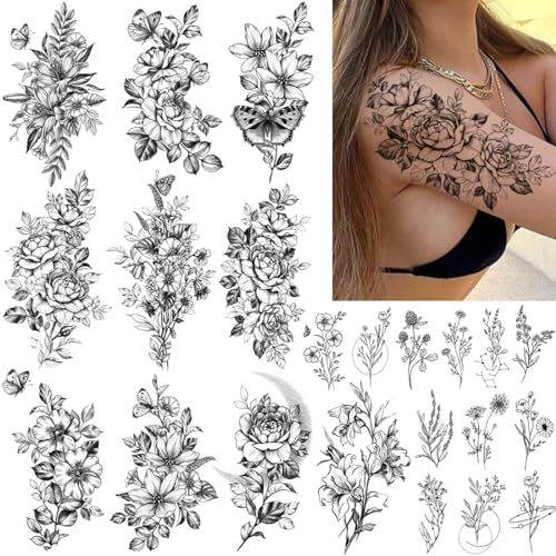 CHARLENT 23 Sheets Flower Temporary Tattoos - Waterproof Floral Body Art