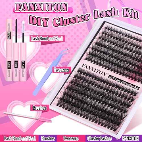 FANXITON DIY Lash Extension Kit Volume Lash Clusters 40D+50D D Curvature Individual Lashes Lash Clusters Kit Thick Eyelash Extension Kit 280 pcs Thin Band Cluster Lashes Lash Bond and Seal Tweezers
