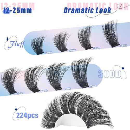 Lash Clusters 300D Thick Long 12-25mm Volume Cluster Eyelash Extensions 224Pcs Wispy Individual Lashes D Curl Waterproof Eyelash Clusters Soft False Eyelashes DIY at Home, by Yaiseiko