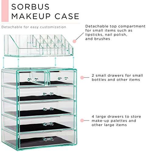 Sorbus Acrylic Makeup Organizer Set, 6-Drawer Vanity & Countertop Cosmetic Storage with Small & Wide Compartments, Teal Thrill Makeup Storage for Brushes, Jewelry ? Holiday Gift for Women & Teens