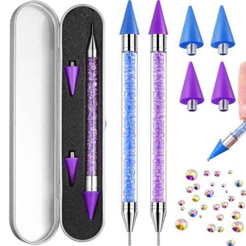 Tatuo 2 Pcs Nail Rhinestone Picker Tool Dual Ended Wax Pen Gem Picker Tool Dotting Pen for Nail Art DIY Rhinestones Dotting Gems Stones Crystals and Charms(Purple, Blue)
