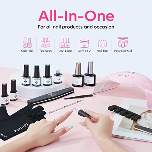 modelones Gel UV LED Nail Lamp with UV Gloves and Color Changing Gel Nail Polish - 6 Colors 10ml Pink Glitter Blue Purple Orange Mood Temperature Change Gel Polish Set Summer Soak Off Nail Polish DIY