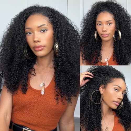 Kinky Curly Half Wig Human Hair 200% Density Wear And Go Glueless Wigs Human Hair Flexi-Fit Afro Curly 3 In 1 Half Wigs for Black Women Drawstring Seamless Flip Headband Wig 20 Inch