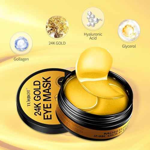 Tunbot Eye Mask - 60 Pieces - 24k Gold Eye Mask - Anti-Aging - Contains Collagen & Hyaluronic Acid - Removes Dark Circles, Puffiness & Wrinkles, Moisturizes - Home Skin Care