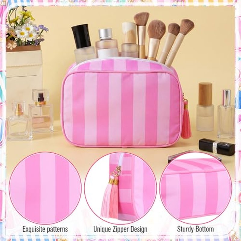 4 Pack Striped Makeup Bags with Tassel Zipper, Large Cosmetic Pouch