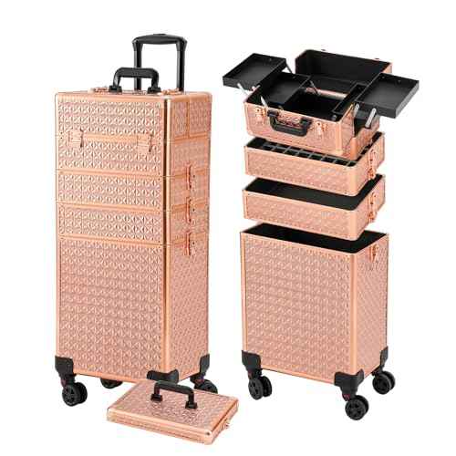 Leeora&Leekoo Portable Multi-Storey Nail Case for Nail Tech Organizer - Wheels Makeup Case Organizer, Cosmetic Case, Makeup Train Case, Make Up Case (rose gold)