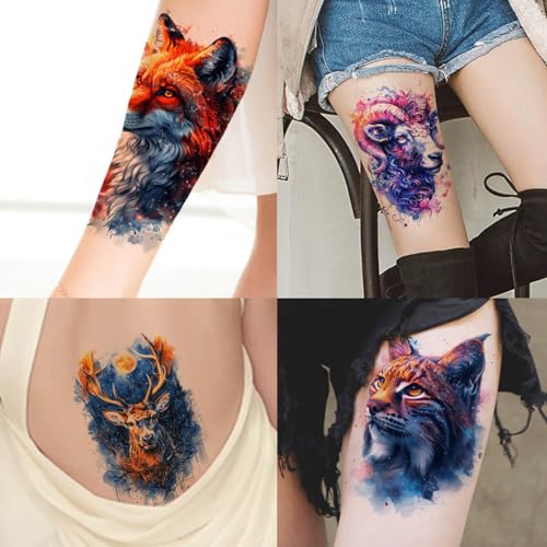 Glarryears Temporary Tattoos for Adults - 18-Pack Large Fake Tattoos, Long-lasting Animal Designs: Wolf, Lion, Tiger - Realistic 3D, Cool on Half Arm, Leg, Back, Body