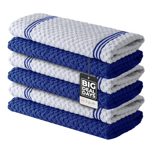 Infinitee Xclusives Premium Blue Kitchen Towels ? Pack of 6, 100% Cotton 15 x 25 Inches Absorbent Dish Towels + Washcloths Set ? Pack of 12, 13x13 Inches 100% Cotton Wash Cloths