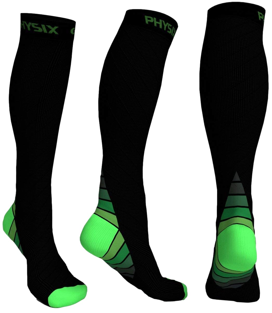 Physix Gear Compression Socks 20-30 mmHg - Men & Women - Running, Nurses, Shin Splints, Flight, Travel (BLACK / GREEN-L/XL)