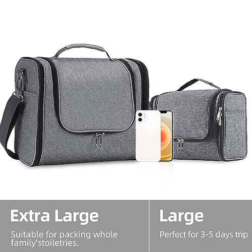 Buruis Extra Large Capacity Toiletry Bag for Women and Men, Hanging Toiletry Organizer Cosmetics Makeup Bag, Water-resistant Dopp Kit for Full Sized Toiletries, Travel Essentials (Oxford Gray)