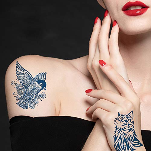 6 Sheets Semi Permanent Tattoo Long Lasts 1-2 Weeks Temporary Tattoo Animal Totem Cat Bird Wolf Owl Tiger Dragon, Realistic Look, No Adhesive, No Reflection Adult Body Art Stickers