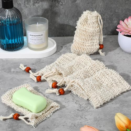 40 Pack Soap Saver Bags, Natural Sisal Exfoliating Soap Pouch with Drawstring Wooden Bead, Foaming Drying Mesh Net for Bath and Shower, 5.5 x 3.5 Inch