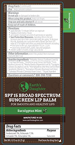 SPF Lip Balm 4-Pack by Earth's Daughter - Lip Sunscreen, SPF 15, Organic Ingredients, Eucalyptus Mint Flavor, Beeswax, Coconut Oil, Vitamin E - Hypoallergenic, Paraben Free, Gluten Free