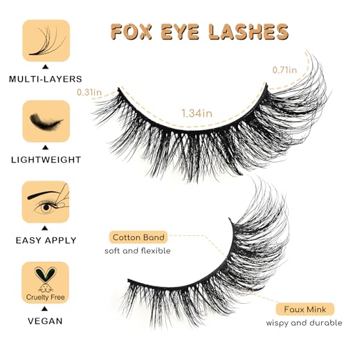 APCYUST Fox Eye Lashes - Natural Wispy Cat Eye Fake Mink Strips, D Curl, Fluffy Spiky Style, Reusable