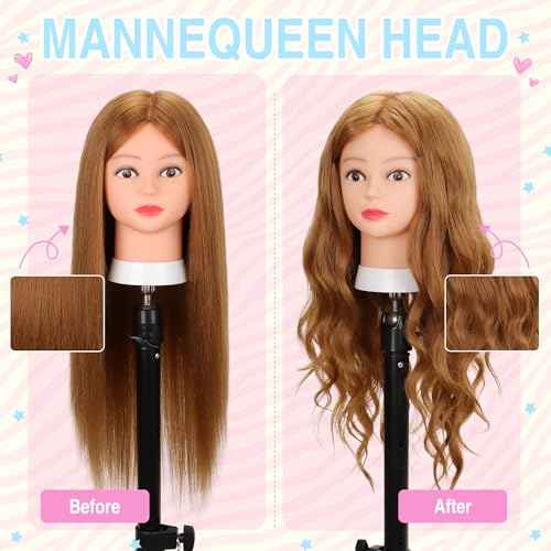 Mannequin Head with Human Hair 80% Real Hair 26-28'' Cosmetology Mannequin Head for Hairdresser Cosmetology Student Styling Practice on Braiding Manikin Doll Head with Tripod Set