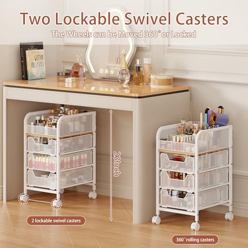 Rolling Makeup Cart Organizer with 3 Drawers, 4-Tier Narrow Floor Skincare Organizers with dividers, Vanity Organizer Cosmetics Display Cases for Makeup Brush, Hair Tool, White