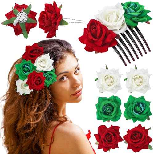 7 Pcs Mexican Hair Accessories for Women Independence Day Rose Flower Brooch Clip Mexican Flag 16th September Flower Hair Accessories for Traditional Girls Independencia De Mexico