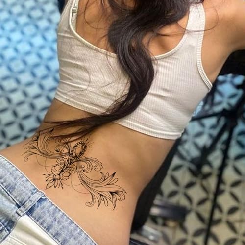 Tazimi 10 Sheets Large Black Flower Chest Underboob Temporary Tattoos for Women &Waist Back Fake Tattoos for girl Adults, Realistic Mandala Flower branch Tattoo Stickers Body Art