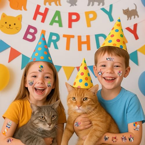 96 PCS Funny Cat Pre-cut Temporary Tattoos Sticker Pet Animal Cats Themed Birthday Party Supplies Decorations Decor Favors Game Gifts Girls Boys Baby Showers Cute Fake Tattoo School Reward Home