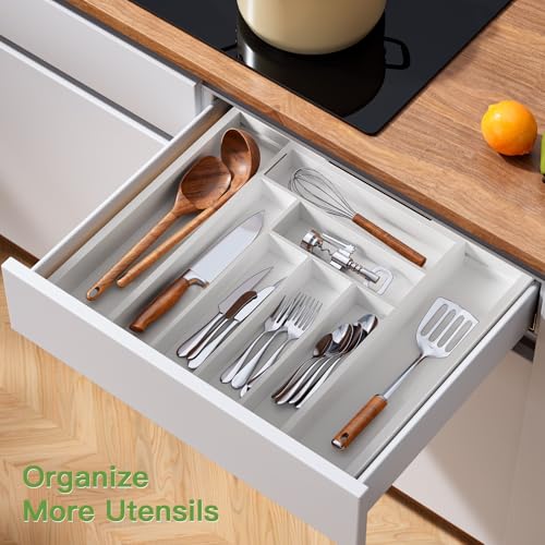 Pipishell Bamboo Expandable Drawer Organizer for Utensils Holder, Adjustable Cutlery Tray, Wood Drawer Dividers Organizer for Silverware, Flatware, Knives in Kitchen, Bedroom, Living Room (White)