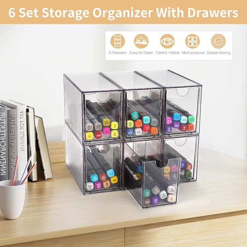 Desk Organizer with Drawers, Stackable Plastic Storage Drawers for Makeup or Desk Organization, Cabinets for Office Dressing Countertop Bathroom Bedroom (6 Packs)