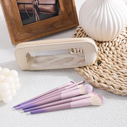 Small Clear Makeup Bag, Portable PU Leather Cosmetic Pouch Beige