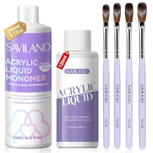 SAVILAND Monomer Acrylic Nail Liquid Kit: 12 OZ Non-yellowing Acrylic Liquid Monomer with 4PCS Acrylic Nail Brushes for Acrylic Application, Size 8/10/12/14
